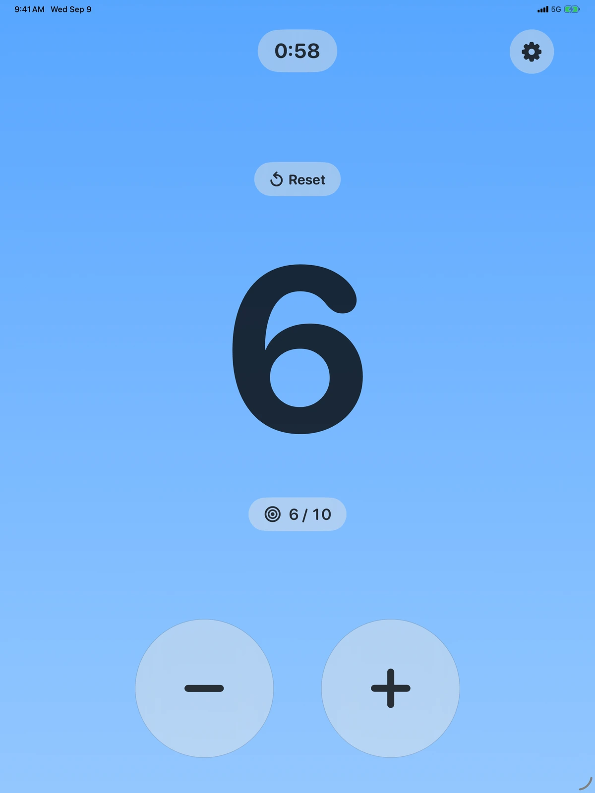 Tap Counter’s spacious iPad layout with a large central count, goal progress, reset, and easy-to-reach plus and minus controls.