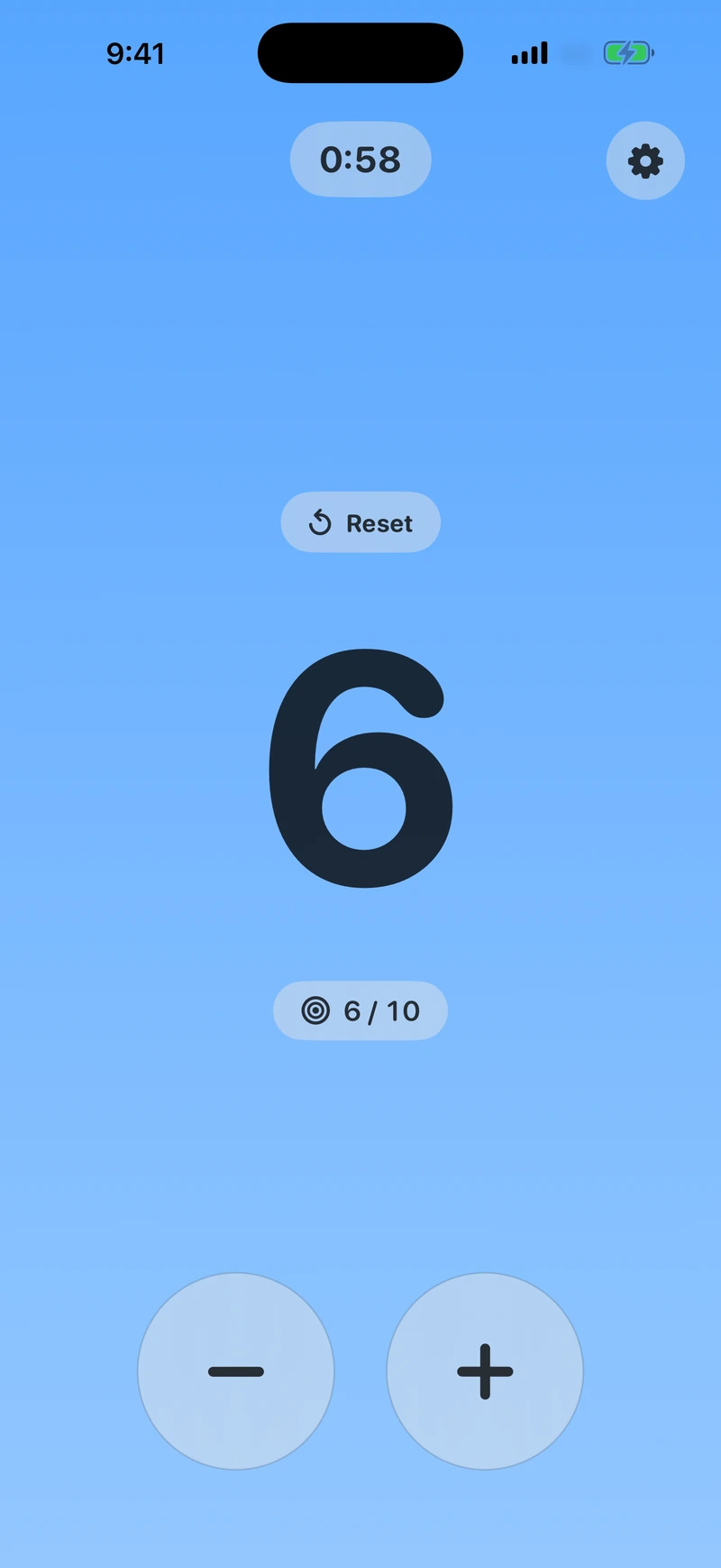 Tap Counter on iPhone showing its large count, countdown, goal, and plus and minus controls.