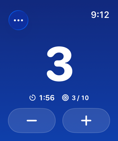 Apple Watch counter showing 3 rounds, a running countdown, goal progress, and separate minus and plus buttons.